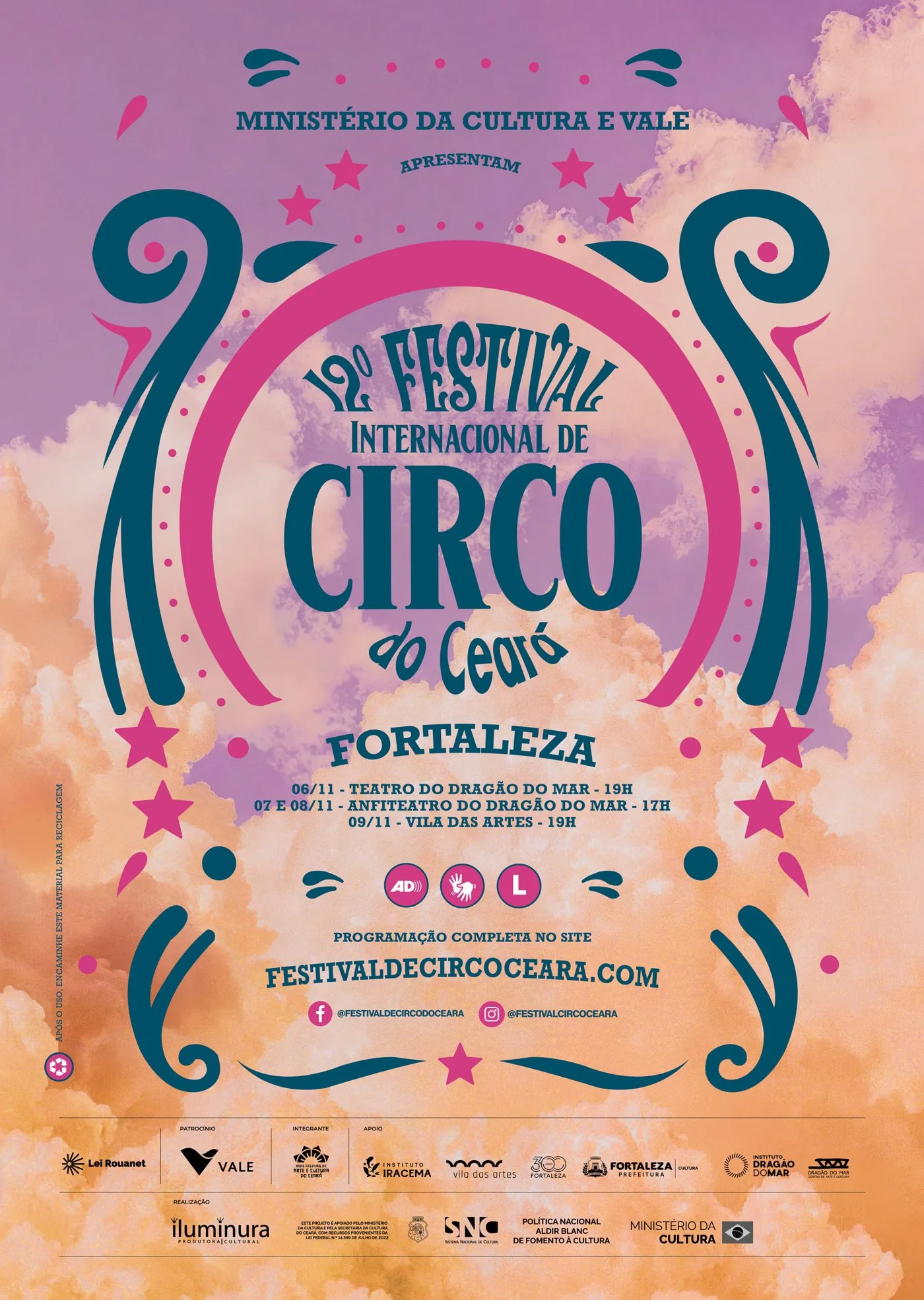 Cartaz oficial do 12º Festival Internacional de Circo do Ceará: composição em lilás, magenta e azul-petróleo com nuvens, estrelas e arabescos, anunciando a edição de Fortaleza em novembro